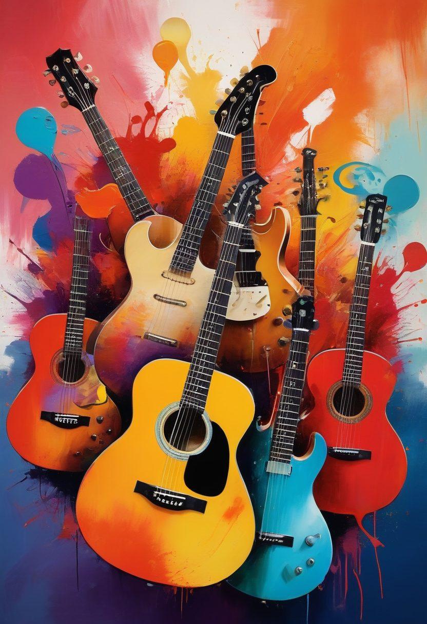 A collage of vibrant musical instruments like guitars and microphones intertwining with expressive paint splashes representing creativity. Include diverse individuals connecting and collaborating, symbolizing community. Surrounding them, a cloud of colorful speech bubbles embodies ideas and inspiration. The background has soft, textured artistic strokes to evoke warmth and engagement. painting. vibrant colors. textured background.