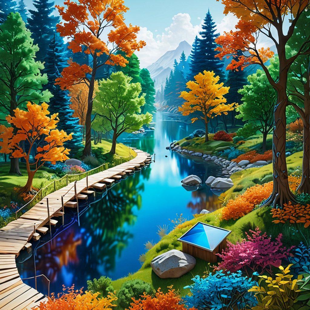 A vibrant, sprawling landscape depicting digital elements transforming from abstract concepts into tangible creations, with a flowing river of ideas and colorful trees representing different aspects of technology and creativity in a dynamic diary setting. Include whimsical characters exploring this landscape, engaged in the process of creation. super-realistic. vibrant colors. 3D.