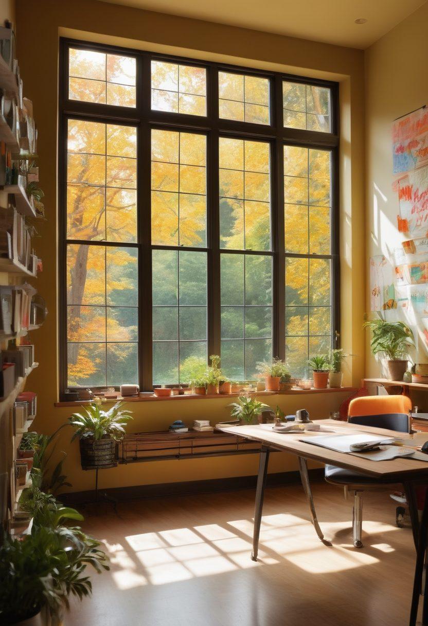 A vibrant workspace filled with colorful notebooks, laptops, and creative tools scattered around. A glowing light bulb symbolizing ideas shines above, while a diverse group of bloggers enthusiastically shares tips and tricks. Include motivational quotes on the walls and an inviting window view with nature outside. The scene should evoke a sense of inspiration and collaboration. super-realistic. vibrant colors. bright atmosphere.